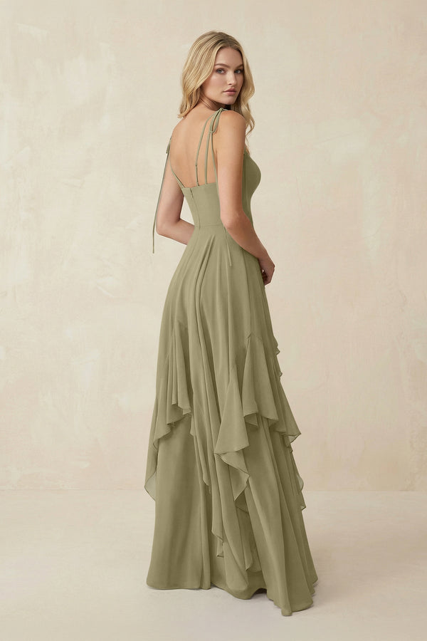 Cami Strap Ruffled A - Line Chiffon Bridesmaid Dress in Thyme - SHE IS ME Bridesmaid Dresses