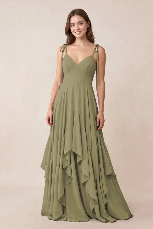 Cami Strap Ruffled A-Line Chiffon Bridesmaid Dress in Thyme | KISSBRIDAL