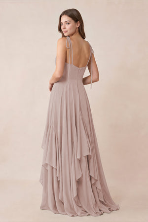 Cami Strap Ruffled A-Line Chiffon Bridesmaid Dress in Toffee (2) | KISSBRIDAL