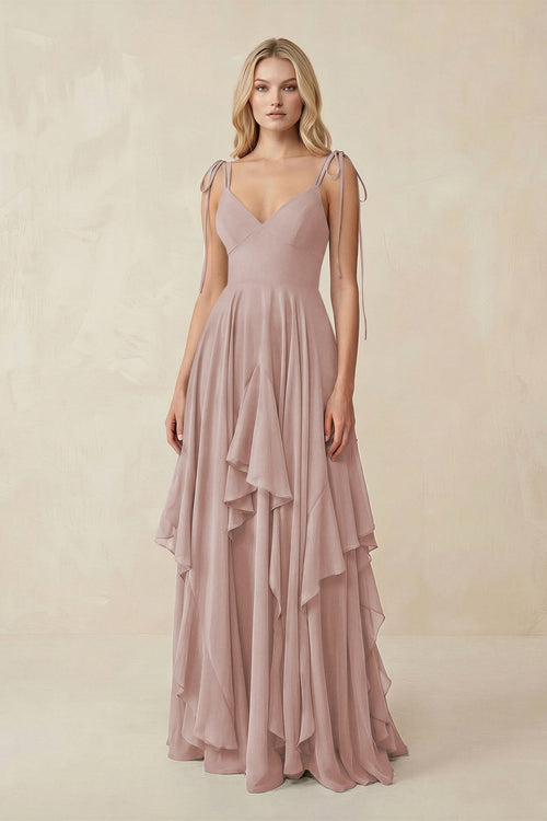 Cami Strap Ruffled A - Line Chiffon Bridesmaid Dress in Toffee - SHE IS ME Bridesmaid Dresses