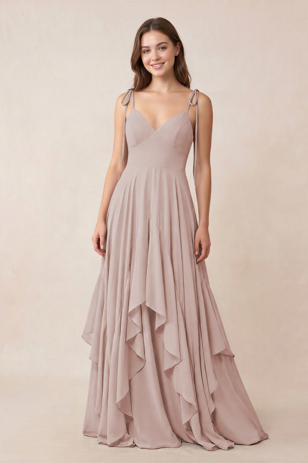 Cami Strap Ruffled A-Line Chiffon Bridesmaid Dress in Toffee