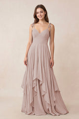 Cami Strap Ruffled A-Line Chiffon Bridesmaid Dress in Toffee | KISSBRIDAL