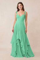Cami Strap Ruffled A - Line Chiffon Bridesmaid Dress in Turquoise - KISS BRIDAL Bridesmaid Dresses