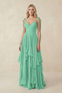 Cami Strap Ruffled A - Line Chiffon Bridesmaid Dress in Turquoise - SHE IS ME Bridesmaid Dresses