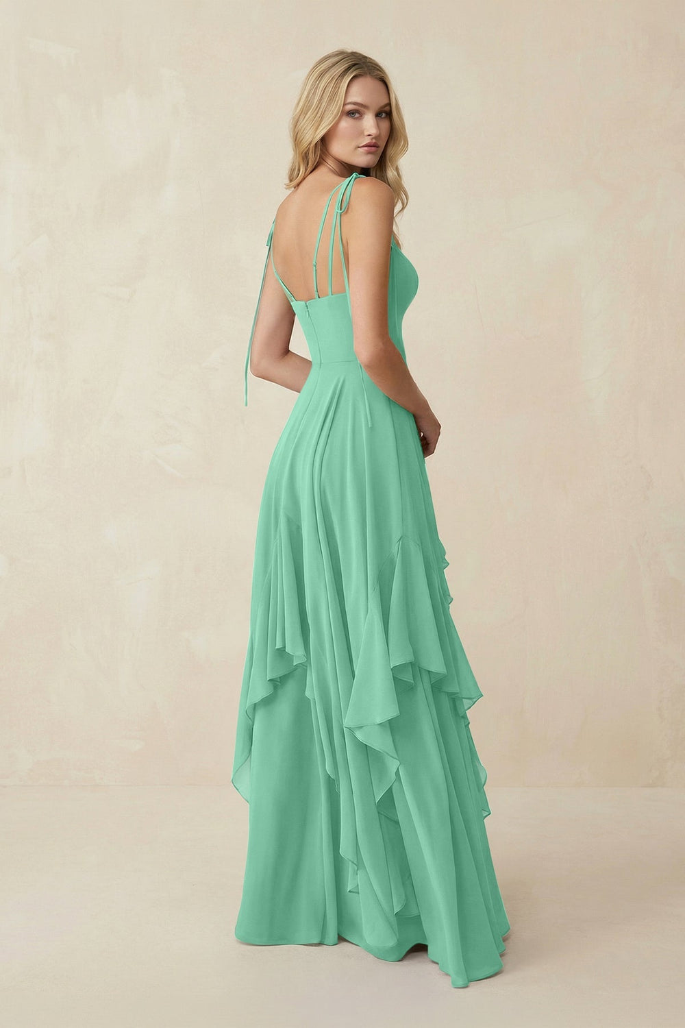 Cami Strap Ruffled A - Line Chiffon Bridesmaid Dress in Turquoise - KISS BRIDAL Bridesmaid Dresses