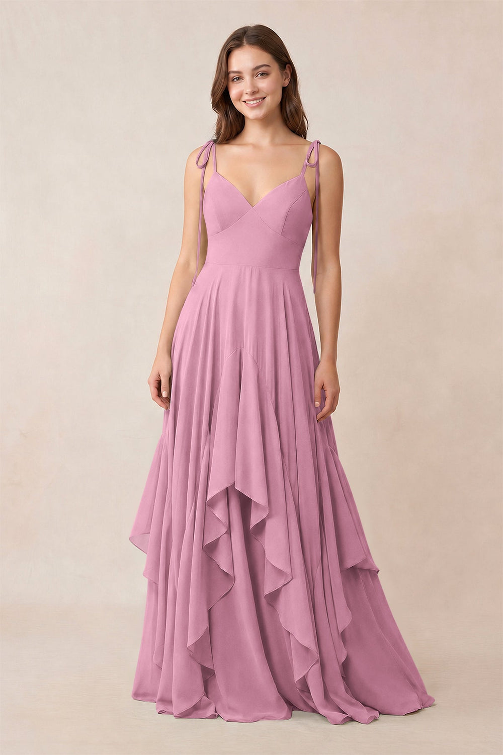 Cami Strap Ruffled A-Line Chiffon Bridesmaid Dress in Vintage Mauve