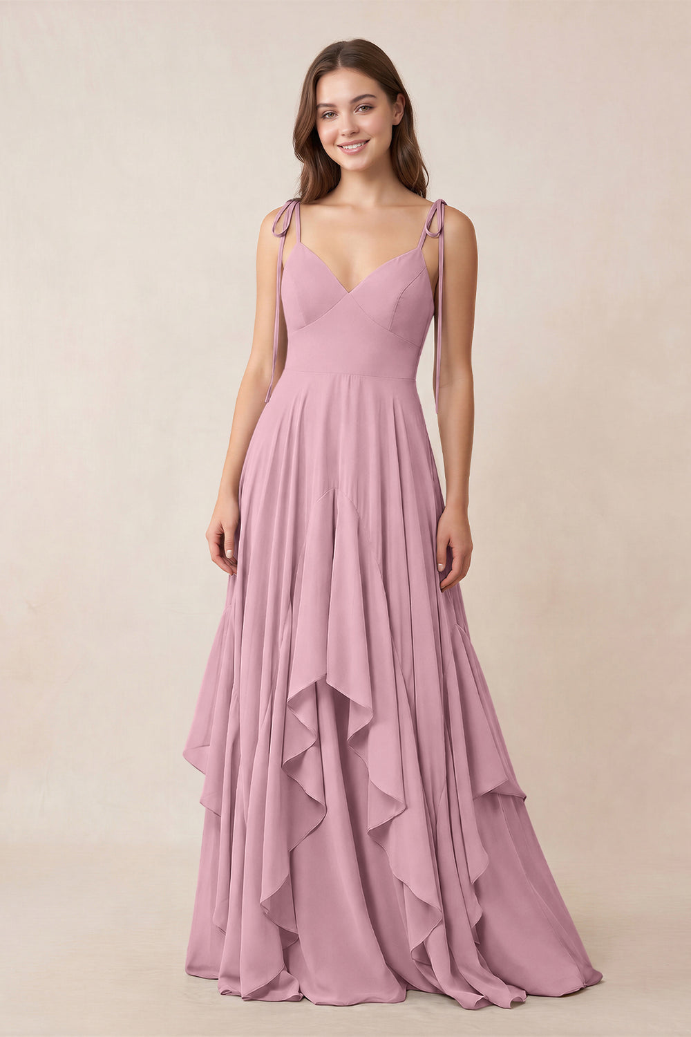 Cami Strap Ruffled A-Line Chiffon Bridesmaid Dress in Vintage Mauve