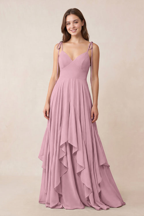 Cami Strap Ruffled A-Line Chiffon Bridesmaid Dress in Vintage Mauve | KISSBRIDAL