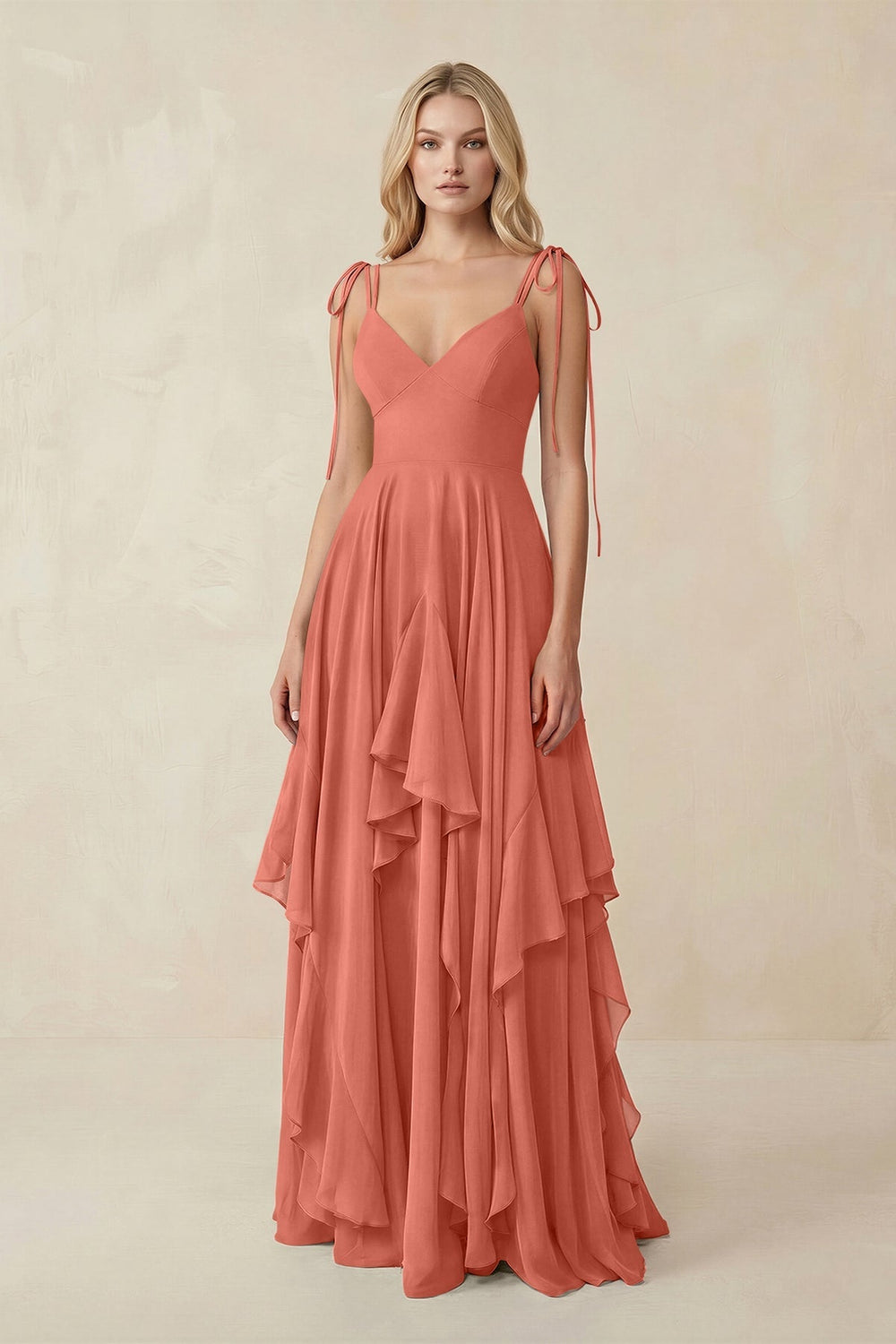 Cami Strap Ruffled A - Line Chiffon Bridesmaid Dress in Wild Rose - KISS BRIDAL Bridesmaid Dresses