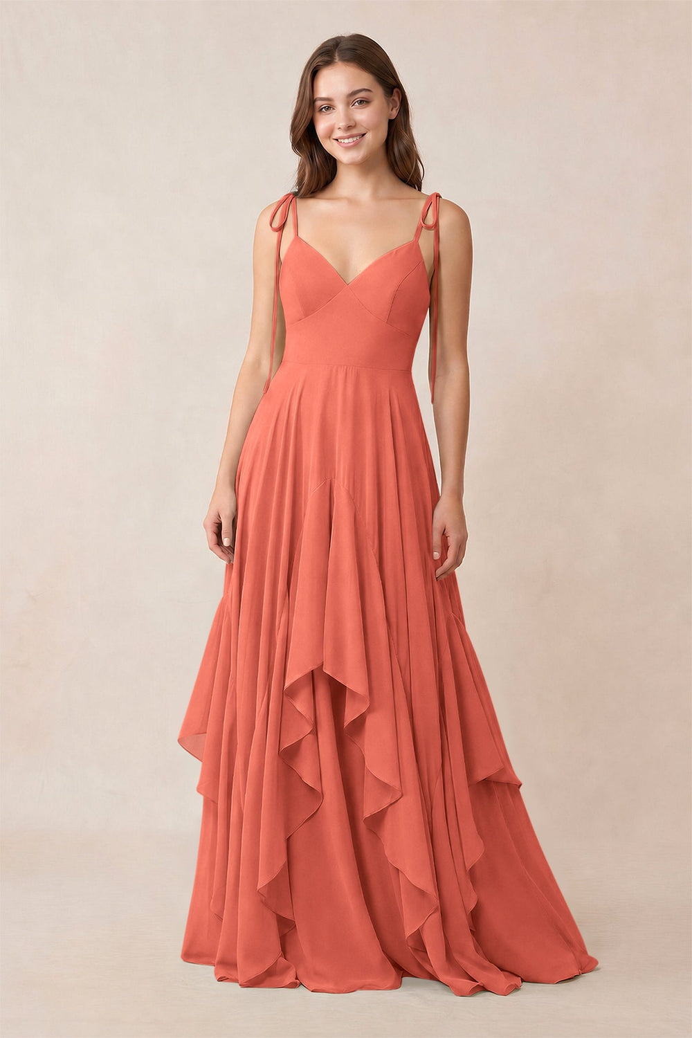 Cami Strap Ruffled A-Line Chiffon Bridesmaid Dress in Wild Rose