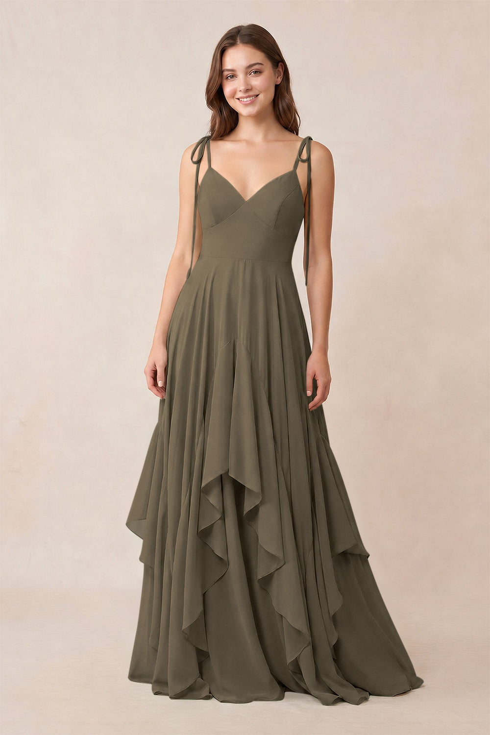 Cami Strap Ruffled A-Line Chiffon Bridesmaid Dress in Willow Green