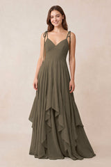 Cami Strap Ruffled A - Line Chiffon Bridesmaid Dress in Willow Green - KISS BRIDAL Bridesmaid Dresses