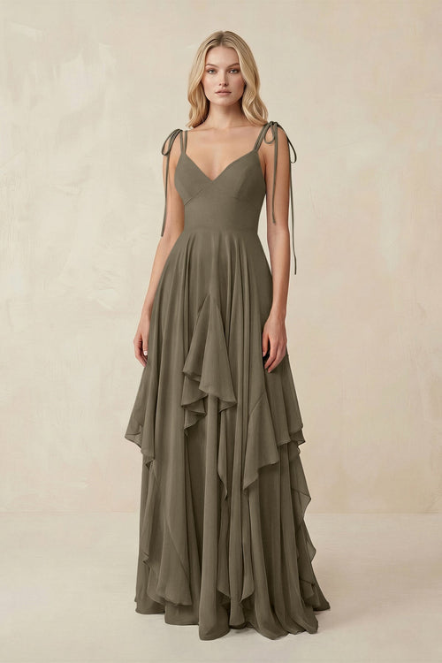 Cami Strap Ruffled A - Line Chiffon Bridesmaid Dress in Willow Green - SHE IS ME Bridesmaid Dresses
