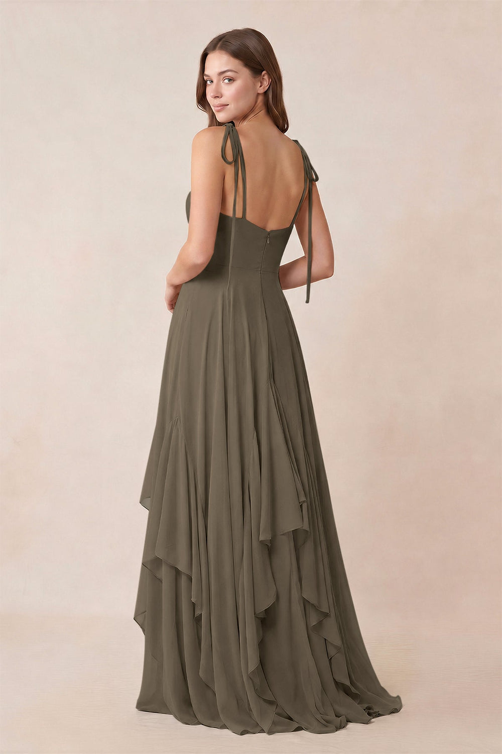 Cami Strap Ruffled A-Line Chiffon Bridesmaid Dress in Willow Green