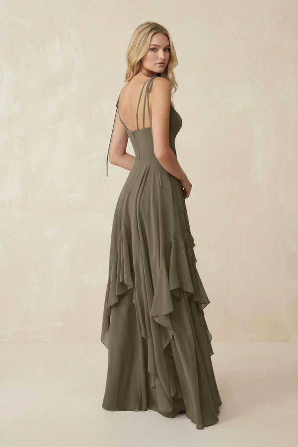 Cami Strap Ruffled A - Line Chiffon Bridesmaid Dress in Willow Green - SHE IS ME Bridesmaid Dresses