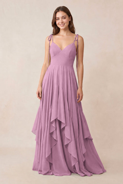 Cami Strap Ruffled A - Line Chiffon Bridesmaid Dress in Wisteria - KISS BRIDAL Bridesmaid Dresses