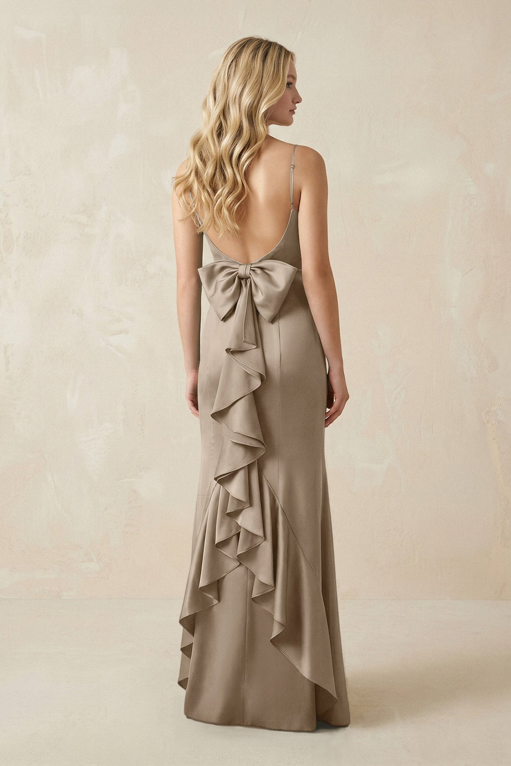 Cami Strap Ruffled Satin Bridesmaid Dress With Bow in Almond - KISS BRIDAL Bridesmaid Dresses