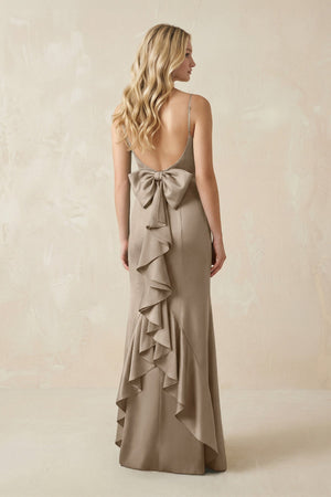 Cami Strap Ruffled Satin Bridesmaid Dress With Bow in Almond - KISS BRIDAL Bridesmaid Dresses