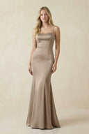 Cami Strap Ruffled Satin Bridesmaid Dress With Bow in Almond - KISS BRIDAL Bridesmaid Dresses