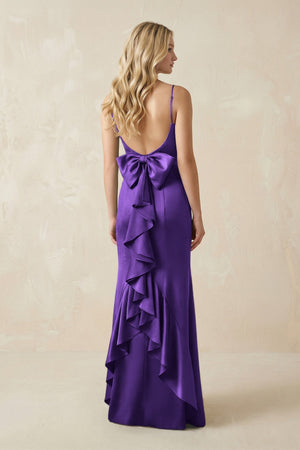 Cami Strap Ruffled Satin Bridesmaid Dress With Bow in Amethyst - KISS BRIDAL Bridesmaid Dresses