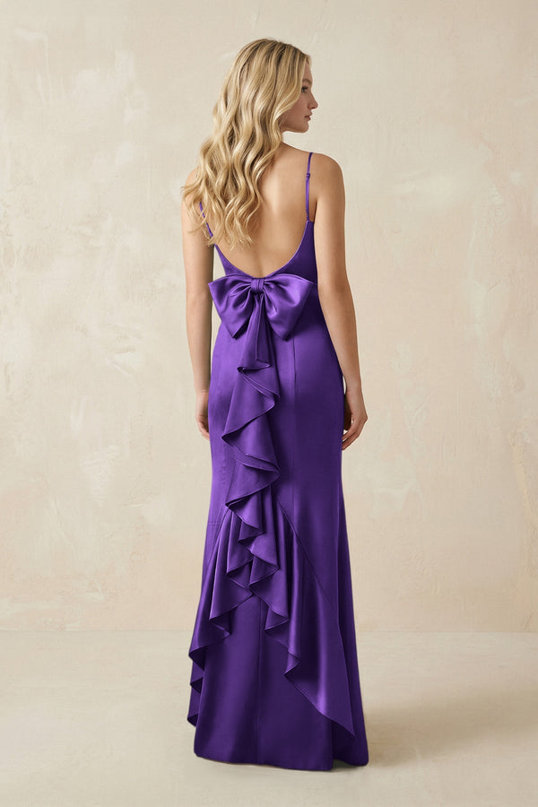 Cami Strap Ruffled Satin Bridesmaid Dress With Bow in Amethyst - KISS BRIDAL Bridesmaid Dresses
