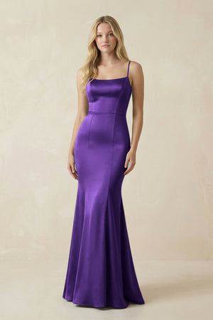 Cami Strap Ruffled Satin Bridesmaid Dress With Bow in Amethyst - KISS BRIDAL Bridesmaid Dresses