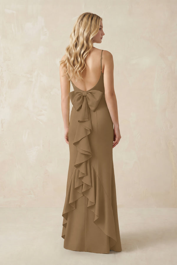 Cami Strap Ruffled Satin Bridesmaid Dress With Bow in Apple Cinnamon (2) | KISSBRIDAL