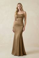 Cami Strap Ruffled Satin Bridesmaid Dress With Bow in Apple Cinnamon - KISS BRIDAL Bridesmaid Dresses