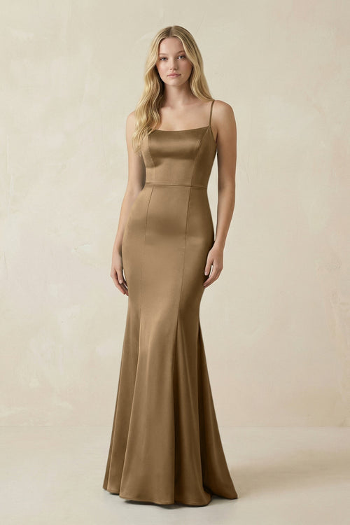 Cami Strap Ruffled Satin Bridesmaid Dress With Bow in Apple Cinnamon - KISS BRIDAL Bridesmaid Dresses