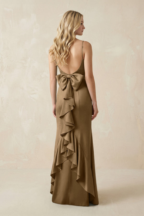 Cami Strap Ruffled Satin Bridesmaid Dress With Bow in Apple Cinnamon - KISS BRIDAL Bridesmaid Dresses