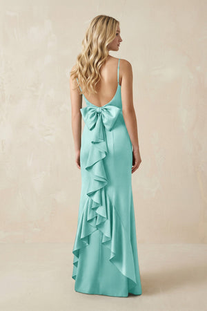 Cami Strap Ruffled Satin Bridesmaid Dress With Bow in Aqua - KISS BRIDAL Bridesmaid Dresses