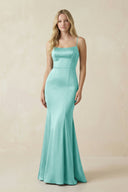 Cami Strap Ruffled Satin Bridesmaid Dress With Bow in Aqua - KISS BRIDAL Bridesmaid Dresses