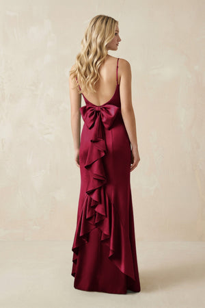 Cami Strap Ruffled Satin Bridesmaid Dress With Bow in Berry - KISS BRIDAL Bridesmaid Dresses