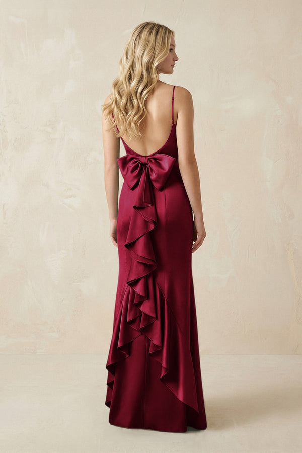 Cami Strap Ruffled Satin Bridesmaid Dress With Bow in Berry - KISS BRIDAL Bridesmaid Dresses