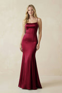 Cami Strap Ruffled Satin Bridesmaid Dress With Bow in Berry - KISS BRIDAL Bridesmaid Dresses