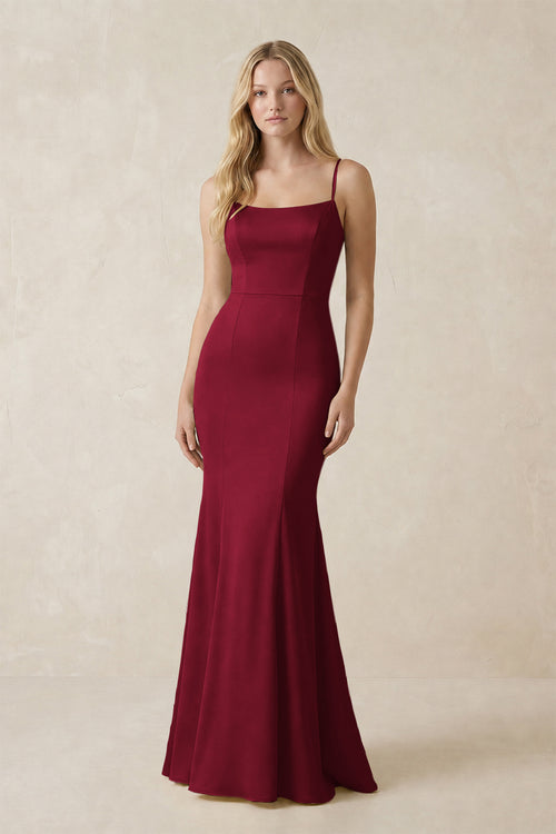 Cami Strap Ruffled Satin Bridesmaid Dress With Bow in Berry - KISSBRIDAL