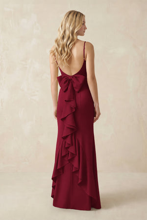 Cami Strap Ruffled Satin Bridesmaid Dress With Bow in Berry - KISSBRIDAL