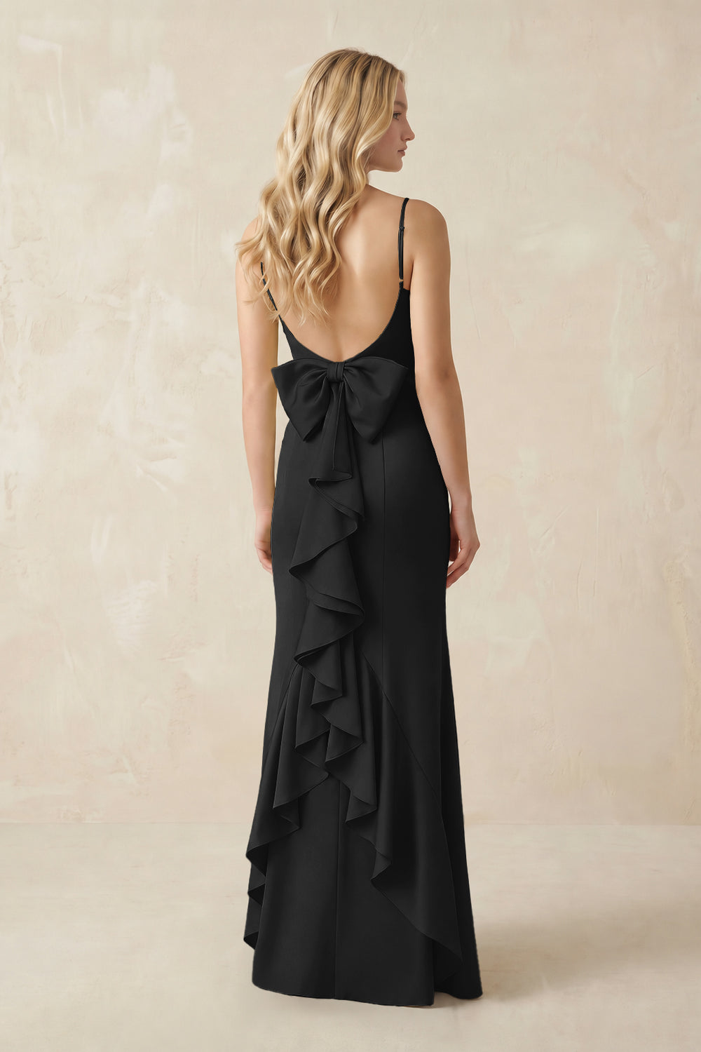 Cami Strap Ruffled Satin Bridesmaid Dress With Bow in Black