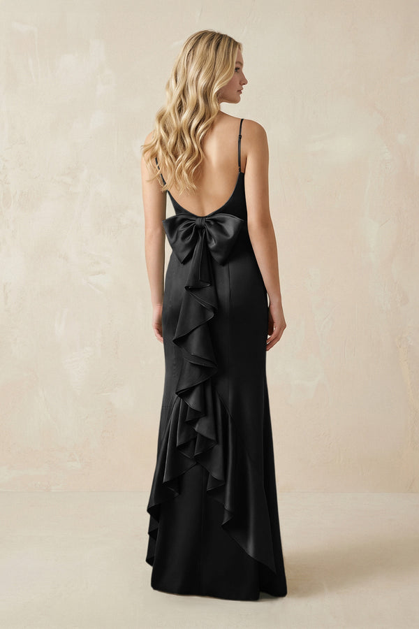 Cami Strap Ruffled Satin Bridesmaid Dress With Bow in Black - KISS BRIDAL Bridesmaid Dresses