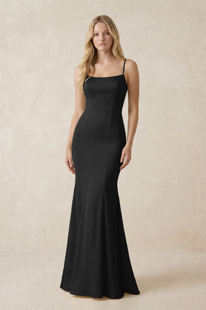 Cami Strap Ruffled Satin Bridesmaid Dress With Bow in Black | KISSBRIDAL