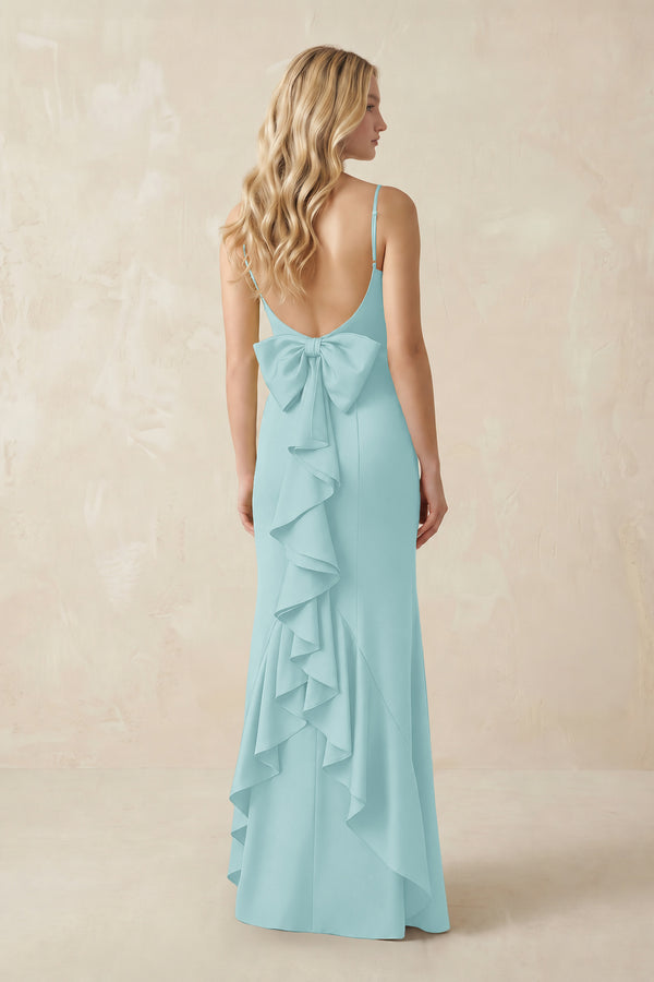 Cami Strap Ruffled Satin Bridesmaid Dress With Bow in Bleached Aqua (2) | KISSBRIDAL