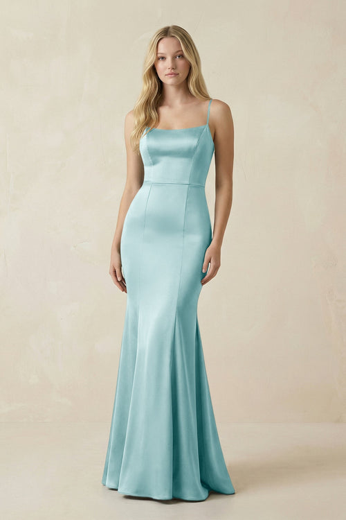 Cami Strap Ruffled Satin Bridesmaid Dress With Bow in Bleached Aqua - KISS BRIDAL Bridesmaid Dresses