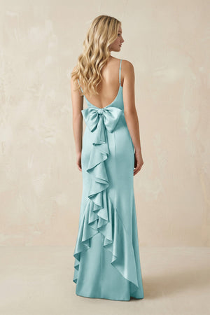 Cami Strap Ruffled Satin Bridesmaid Dress With Bow in Bleached Aqua - KISS BRIDAL Bridesmaid Dresses