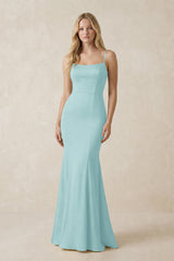 Cami Strap Ruffled Satin Bridesmaid Dress With Bow in Bleached Aqua | KISSBRIDAL