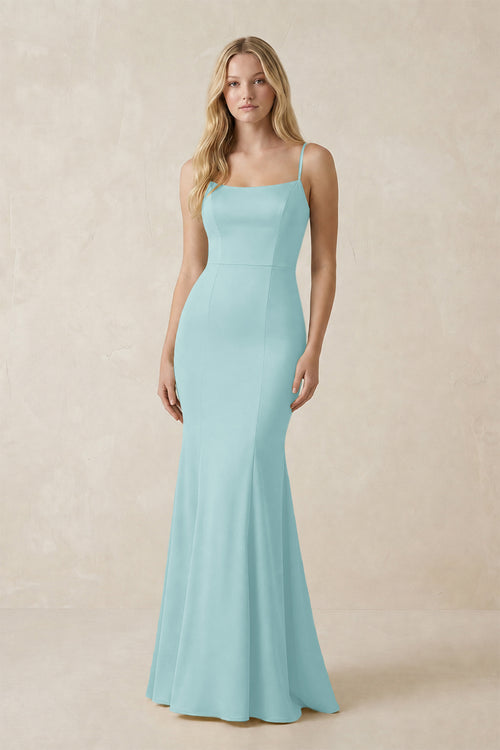 Cami Strap Ruffled Satin Bridesmaid Dress With Bow in Bleached Aqua | KISSBRIDAL