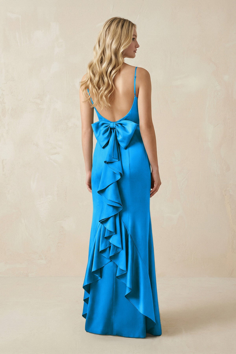 Cami Strap Ruffled Satin Bridesmaid Dress With Bow in Blue Jay - KISS BRIDAL Bridesmaid Dresses