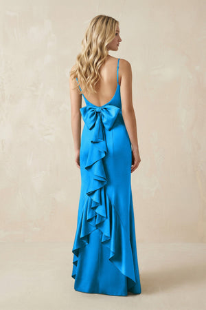 Cami Strap Ruffled Satin Bridesmaid Dress With Bow in Blue Jay - KISS BRIDAL Bridesmaid Dresses