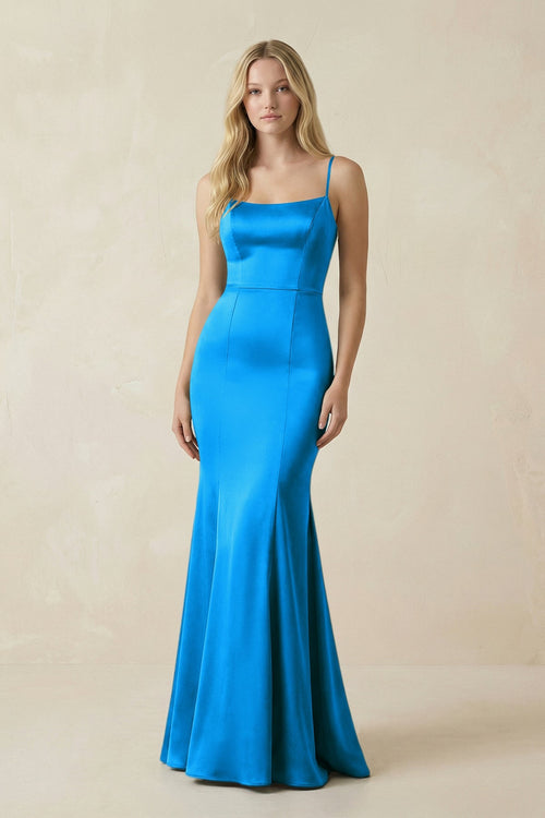 Cami Strap Ruffled Satin Bridesmaid Dress With Bow in Blue Jay - KISS BRIDAL Bridesmaid Dresses