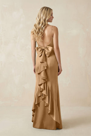 Cami Strap Ruffled Satin Bridesmaid Dress With Bow in Bronzer - KISS BRIDAL Bridesmaid Dresses