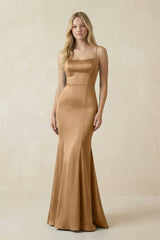 Cami Strap Ruffled Satin Bridesmaid Dress With Bow in Bronzer - KISS BRIDAL Bridesmaid Dresses